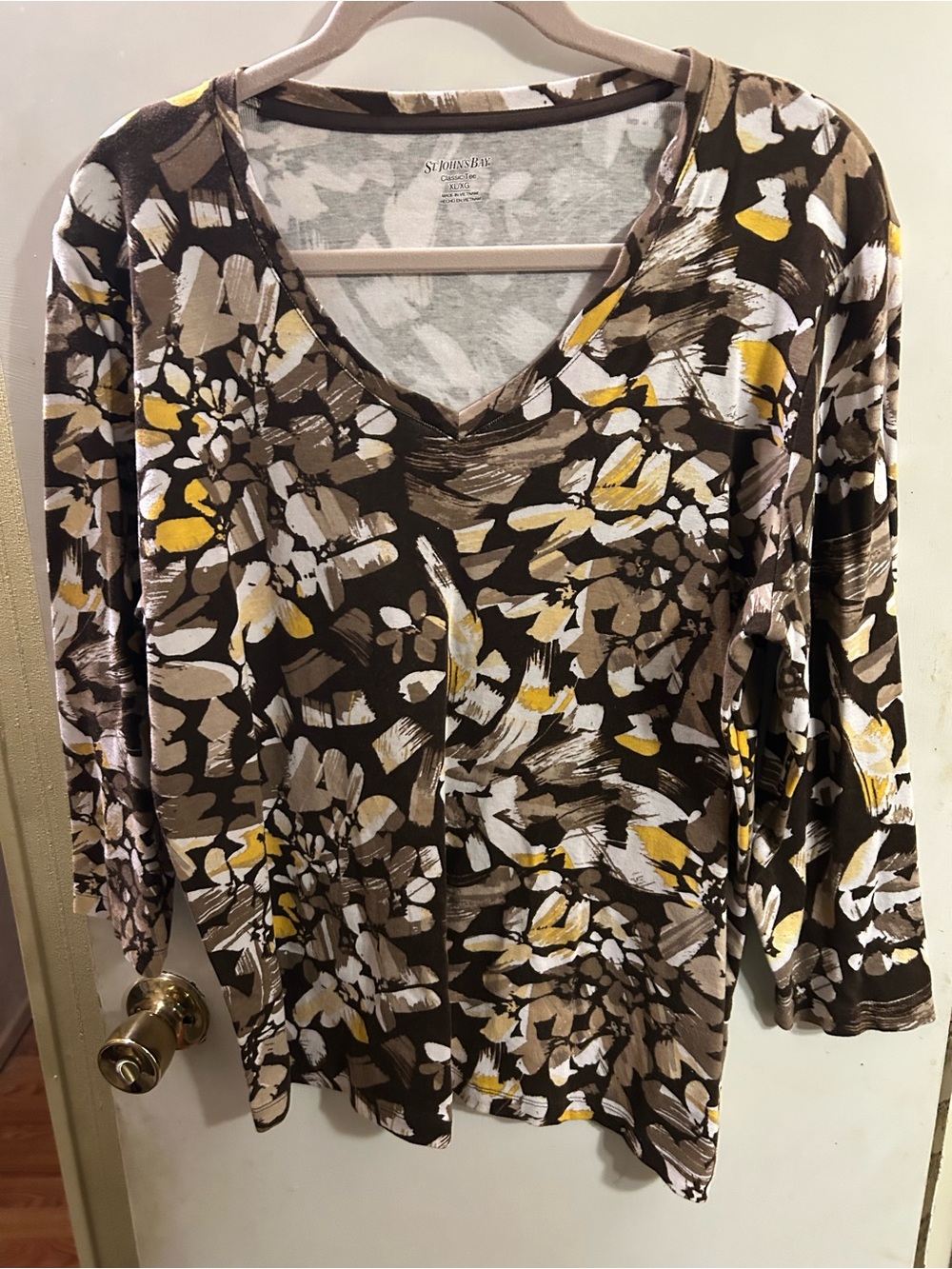 St. John's Bay Brown Floral V-Neck Long Sleeve Top with Yellow Accents